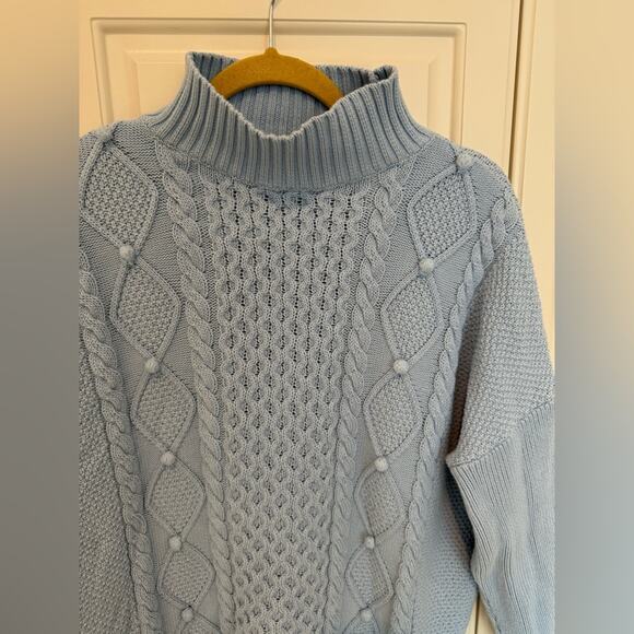 J. Crew Women's Light Blue Cable Knit Mockneck Sweater Size Large 100% Cotton - Picture 2 of 9